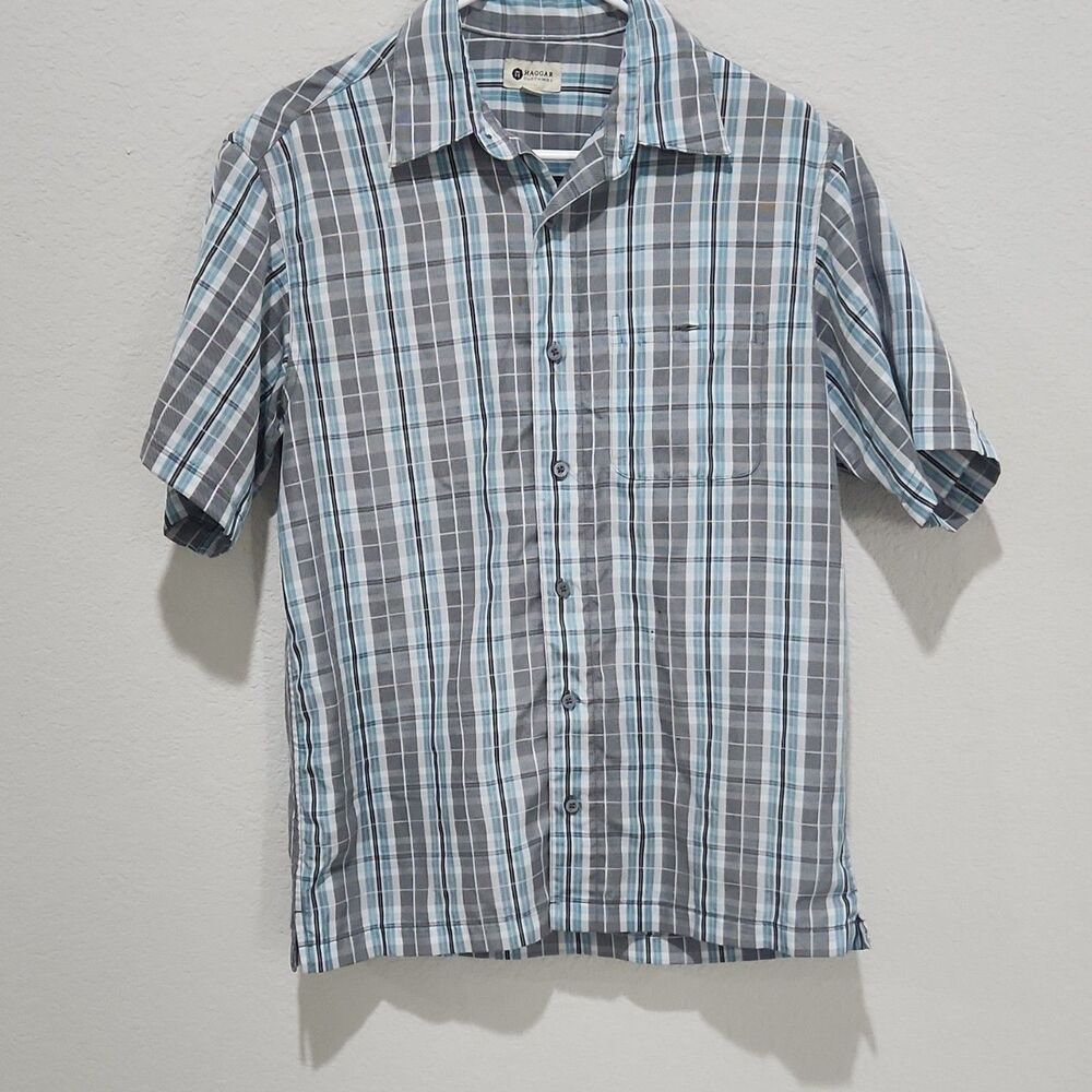 Haggar Mens Small Plaid Button Up Shirt Gray Blue Short Sleeve Collared